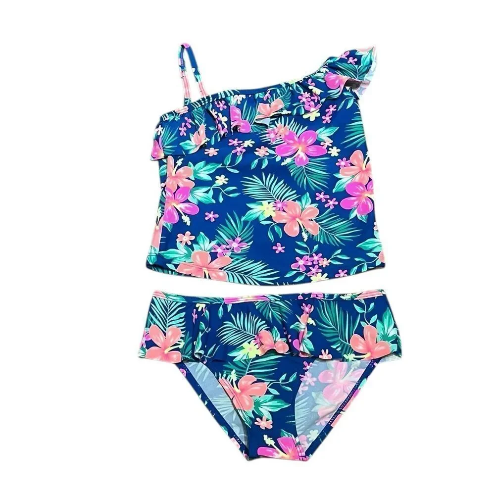Inbono Girl’s Blue and Pink 2 Piece Swimsuit with‎ Ruffle Detail, Size 6-7, NWT